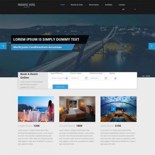 蓝色风格的旅游酒店响应式布局网站模板html整站网页下载